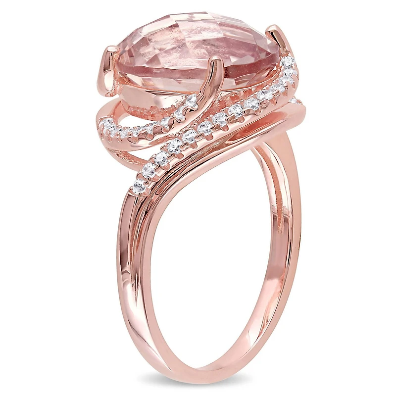 Miabella Simulated Morganite and Cubic Zirconia Rose Rhodium-Plated Sterling Silver Halo Cocktail Ring