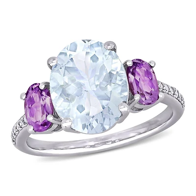 Bague à trois-pierres Miabella avec aigue-marine glacée, améthyste et accents de diamants en argent sterling