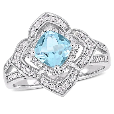 Miabella Blue and White Topaz and 1/5 Carat T.W. Diamond Sterling Silver Quatrefoil Split Shank Ring