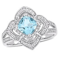Miabella Blue and White Topaz and 1/5 Carat T.W. Diamond Sterling Silver Quatrefoil Split Shank Ring