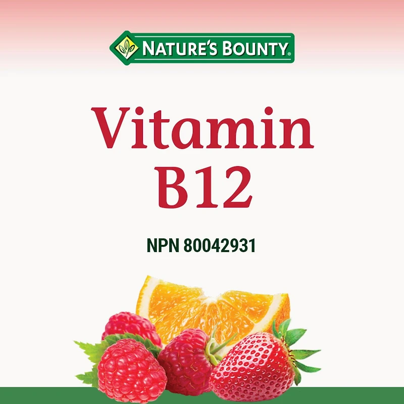 NATURE'S BOUNTY La vitamine B12 favorise la santé, le système immunitaire et la form. des globules rouges; saveurs variées : baies mélangées, orange et framboise 75 paquet 75 gélifiés