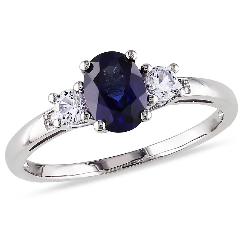 Tangelo 1-3/5 Carat T.G.W. Oval-Cut Created Sapphire and Diamond-Accent 10 K White Gold Three-Stone Ring