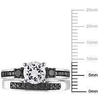 Ensemble nuptial à trois pierres avec saphirs blancs synthétiques 1-3/8 CT PBT et diamants noirs 2/5 CT poids total en argent sterling