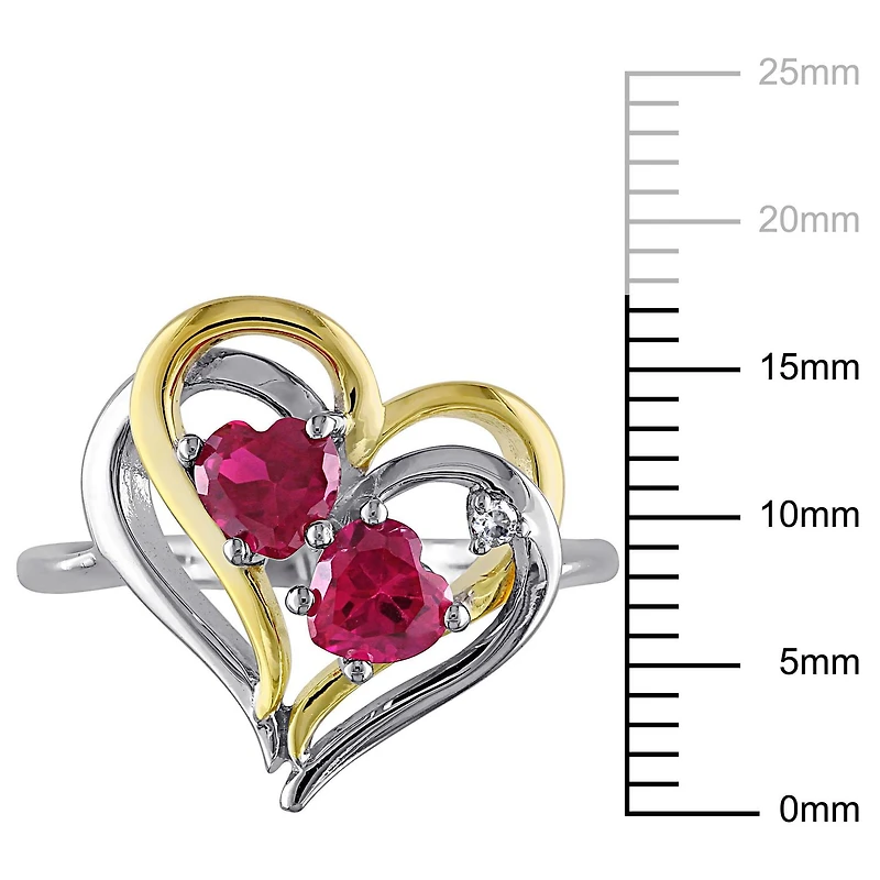 Bague en forme de cœur double Tangelo avec rubis synthétique 1-1/6 CT PBT et accents de diamants en argent sterling double ton