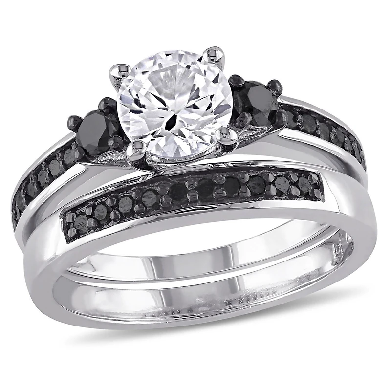 Ensemble nuptial à trois pierres avec saphirs blancs synthétiques 1-3/8 CT PBT et diamants noirs 2/5 CT poids total en argent sterling