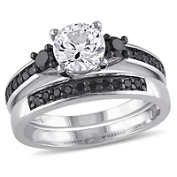 Ensemble nuptial à trois pierres avec saphirs blancs synthétiques 1-3/8 CT PBT et diamants noirs 2/5 CT poids total en argent sterling