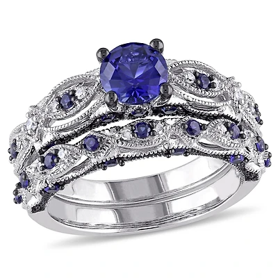 Tangelo 1-3/4 Carat T.G.W. Created Blue Sapphire and 1/10 Carat T.W. Diamond 10 K White Gold Vintage Bridal Set