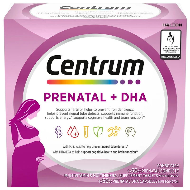 Centrum Prenatal+DHA Multivitamin Supplement with DHA/EPA Omega 3 Combo Pack, 120 Total Count, 1 x 60 Prenatal Tablets, 1 x 60 DHA Capsules