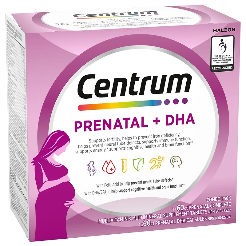 Centrum Prenatal+DHA Multivitamin Supplement with DHA/EPA Omega 3 Combo Pack, 120 Total Count, 1 x 60 Prenatal Tablets, 1 x 60 DHA Capsules