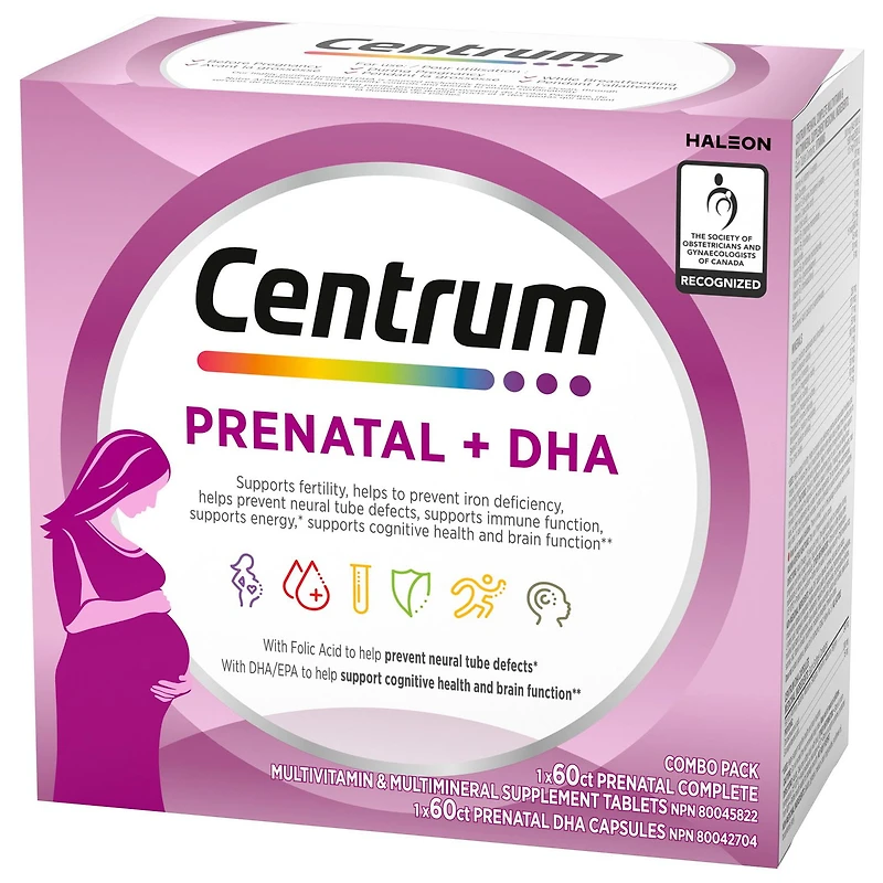 Centrum Prenatal+DHA Multivitamin Supplement with DHA/EPA Omega 3 Combo Pack, 120 Total Count, 1 x 60 Prenatal Tablets, 1 x 60 DHA Capsules