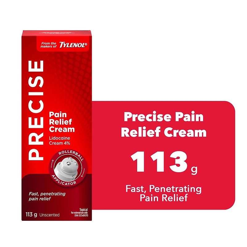 Precise Pain Relief Cream from the Makers of Tylenol, 4% Lidocaine, Fast, Effective Pain Relief, Unscented, 113 g