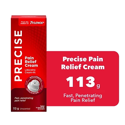 Precise Pain Relief Cream from the Makers of Tylenol, 4% Lidocaine, Fast, Effective Pain Relief, Unscented, 113 g