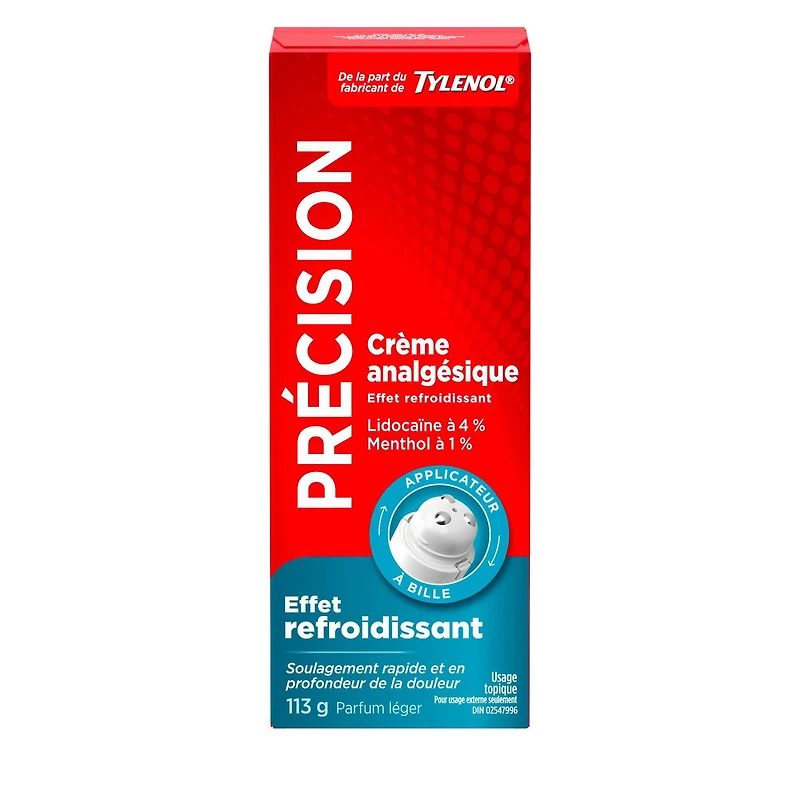 Crème analgésique Précision, Effet refroidissant, des fabricants de Tylenol, 4 % de lidocaïne et 1 % de menthol, soulagement rapide et efficace de la douleur, parfum léger 113 g
