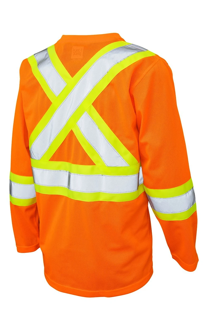 TOUGH DUCK LONG SLEEVE SAFETY T-SHIRT WITH 2" REFLECTIVE TAPE AND 4" CONTRAST BACKING.