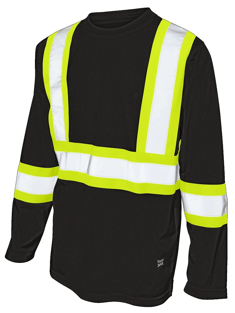 TOUGH DUCK LONG SLEEVE SAFETY T-SHIRT WITH 2" REFLECTIVE TAPE AND 4" CONTRAST BACKING.
