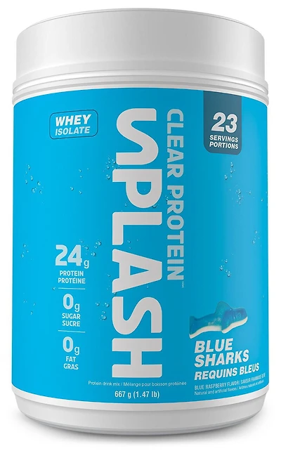 Revolution Nutrition, Splash Clear Isolate Protein, Poudre d’Isolat de Whey 100 % Clair, 24 g de Protéines par Dosette, Zéro Sucre, Zéro Glucide, Saveur Candy, Collagène, 667 g, Requins Bleus (23 Portions)