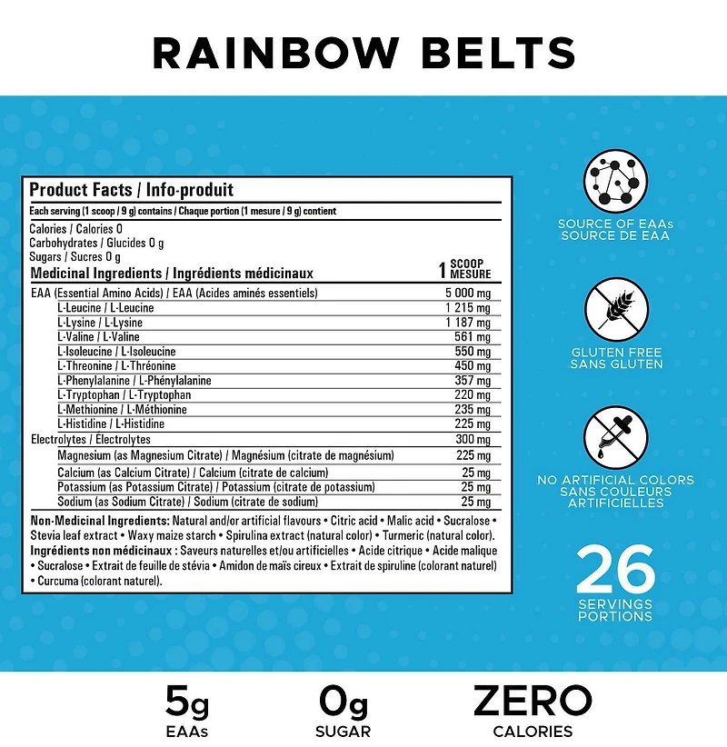 Revolution Nutrition Pure EAA Powder, Essential Amino Acids for Post Workout Recovery,  Gluten Free, Zero Calorie, Zero Sugar,with Electrolytes, 5g EAAs per Serving, Rainbow Belts, 240g (26 Servings)
