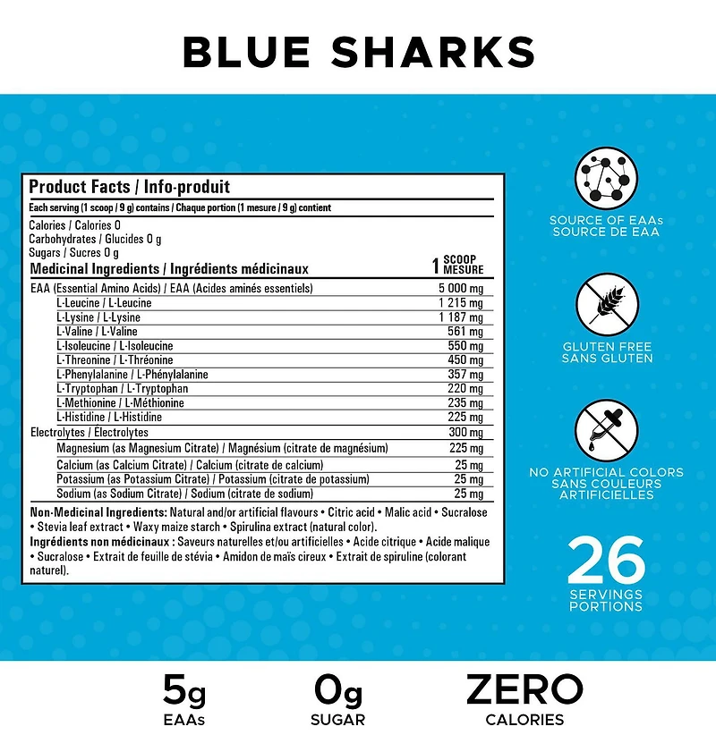 Revolution Nutrition Pure EAA Powder, Essential Amino Acids for Post Workout Recovery,  Gluten Free, Zero Calorie, Zero Sugar,with Electrolytes, 5g EAAs per Serving, Blue Sharks, 240g (26 Servings)