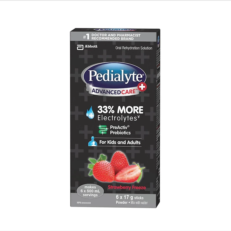 Bâtonnets de poudre d’électrolytes Pedialyte® AdvancedCare® Plus, électrolytes pour la déshydratation, fraise glacée, 6 x 17 g 6x17g