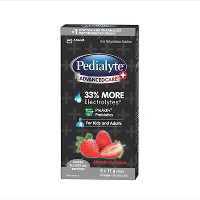 Bâtonnets de poudre d’électrolytes Pedialyte® AdvancedCare® Plus, électrolytes pour la déshydratation, fraise glacée, 6 x 17 g 6x17g