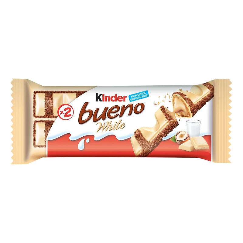 Barres KINDER BUENO au chocolat au blanc et à la crème aux noisettes; un paquet individuel contient 2 barres emballées individuellement 39G