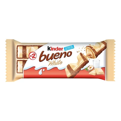Barres KINDER BUENO au chocolat au blanc et à la crème aux noisettes; un paquet individuel contient 2 barres emballées individuellement 39G
