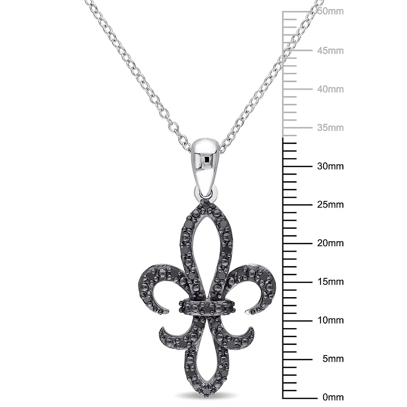 Pendentif fleur de lys Asteria avec diamants noirs 1/4 CT poids total en argent sterling, 18 po
