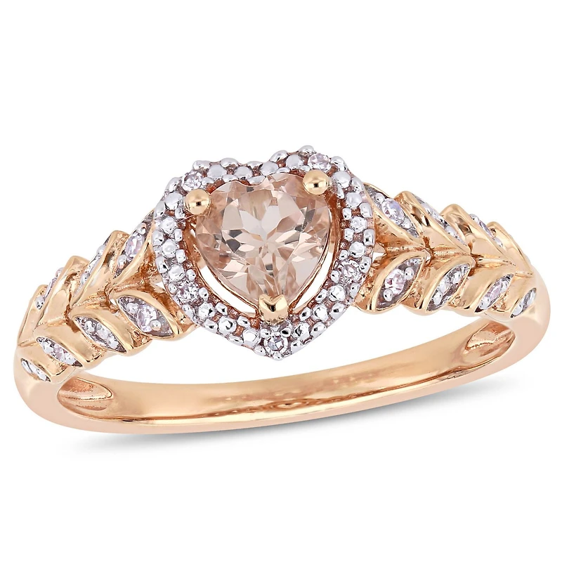 Bague auréole de forme cœur Tangelo avec morganite 1/2 CT PBT et accents de diamants en or rosé 10K
