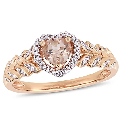Bague auréole de forme cœur Tangelo avec morganite 1/2 CT PBT et accents de diamants en or rosé 10K