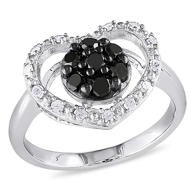 Bague de forme cœur Asteria avec diamants noirs et blancs 1/2 CT poids total en argent sterling