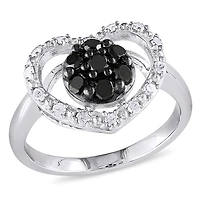 Bague de forme cœur Asteria avec diamants noirs et blancs 1/2 CT poids total en argent sterling