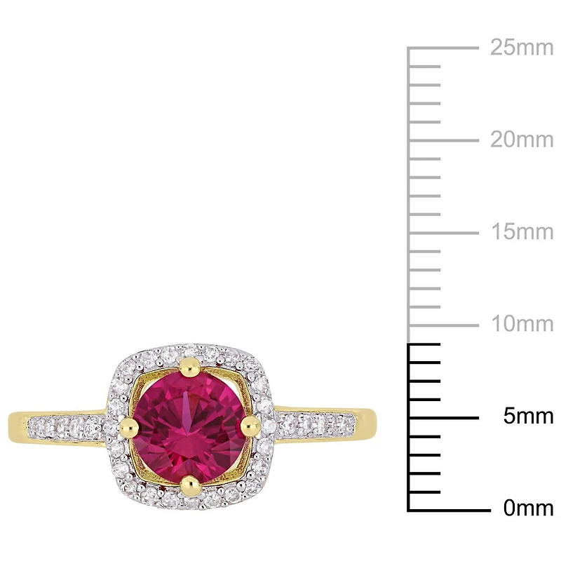 Bague auréole Tangelo avec rubis synthétique 1 CT PBT et diamants 1/7 CT poids total en or jaune 10K