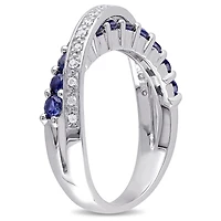 Tangelo 1 Carat T.G.W. Created Blue Sapphire and 1/10 Carat T.W. Diamond Sterling Silver Crossover Ring