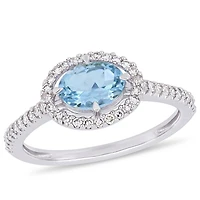 Bague auréole Tangelo avec aigue-marine 5/8 CT PBT et diamants 1/4 CT poids total en or blanc 10K
