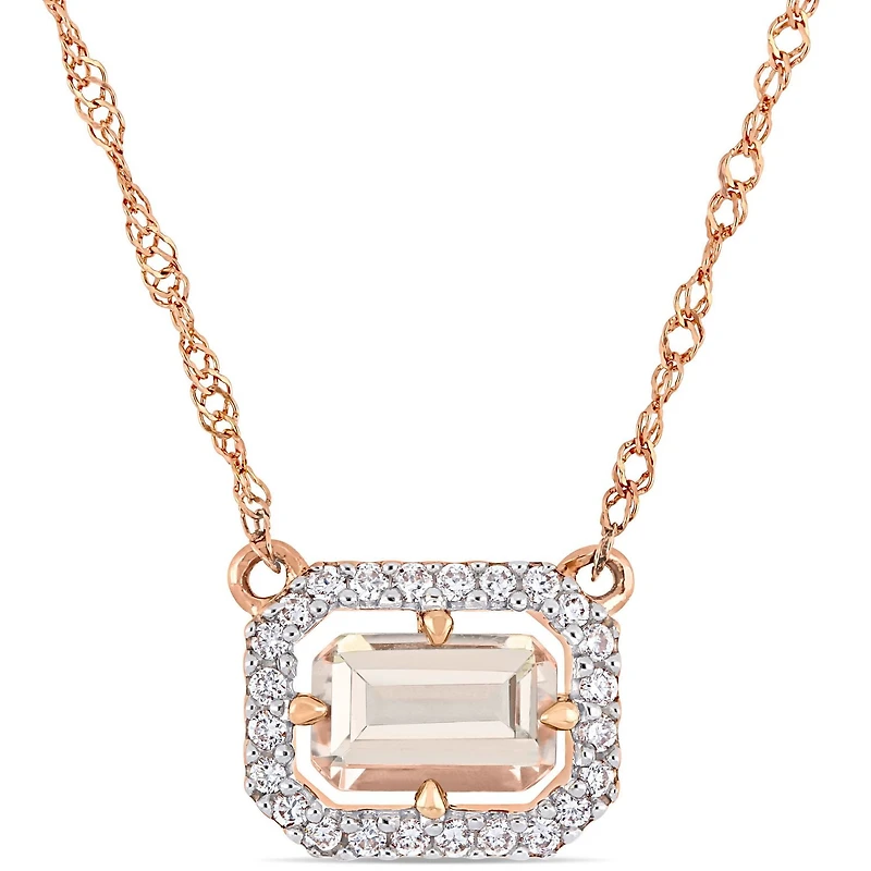 Tangelo 3/5 Carat T.G.W. Morganite and 1/10 Carat T.W. Diamond 14K Rose Gold Halo Necklace, 17"