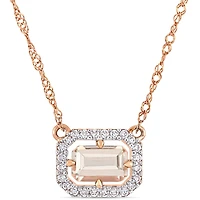Tangelo 3/5 Carat T.G.W. Morganite and 1/10 Carat T.W. Diamond 14K Rose Gold Halo Necklace, 17"