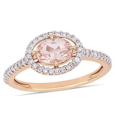 Bague auréole Tangelo avec morganite 3/4 CT PBT et diamants 1/4 CT poids total en or rosé 14K
