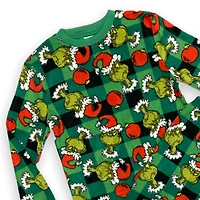 The Grinch Boys pjyama set. This boys pyjama set includes a long sleeve crew neck tee and long pant with elastic waist band and