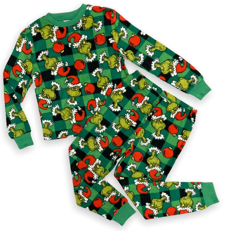 The Grinch Boys pjyama set. This boys pyjama set includes a long sleeve crew neck tee and long pant with elastic waist band and