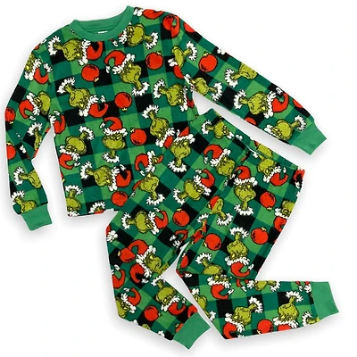 The Grinch Boys pjyama set. This boys pyjama set includes a long sleeve crew neck tee and long pant with elastic waist band and