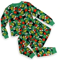 The Grinch Boys pjyama set. This boys pyjama set includes a long sleeve crew neck tee and long pant with elastic waist band and