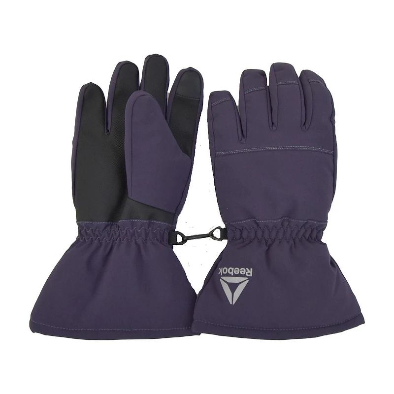 Girls Reebok gloves 100% polyester talson with insulation 100% polyester brushed knit lining.Reflective logo and touch screen index and thumb. Thinsulate insulation with glove clasp