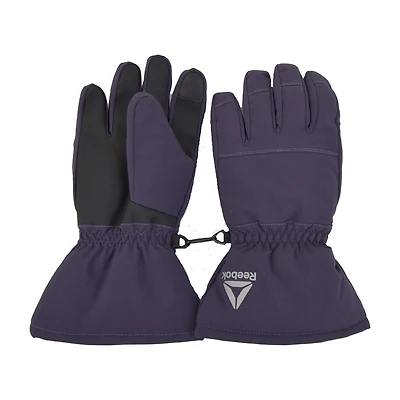 Girls Reebok gloves 100% polyester talson with insulation 100% polyester brushed knit lining.Reflective logo and touch screen index and thumb. Thinsulate insulation with glove clasp