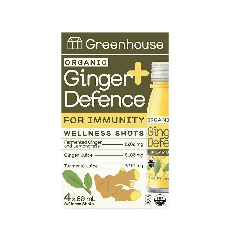 Greenhouse Ginger Defence For Immunity Wellness Shots (4 Pack), 4 x 60 mL bottles