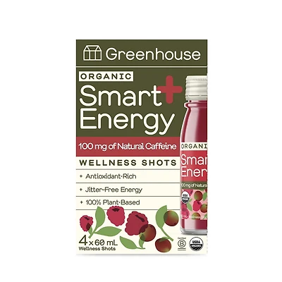 Greenhouse Organic Smart Energy Wellness Shots (4 Pack), 4 x 60 mL bottles