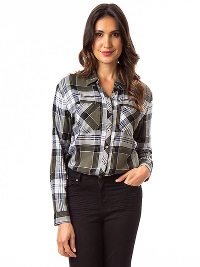 Jordache Women's Pleat Back Plaid Shirt