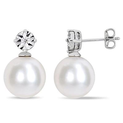 Miabella 11-12mm Cultured Freshwater Pearl and Diamond-Accent Sterling Silver Drop Earrings