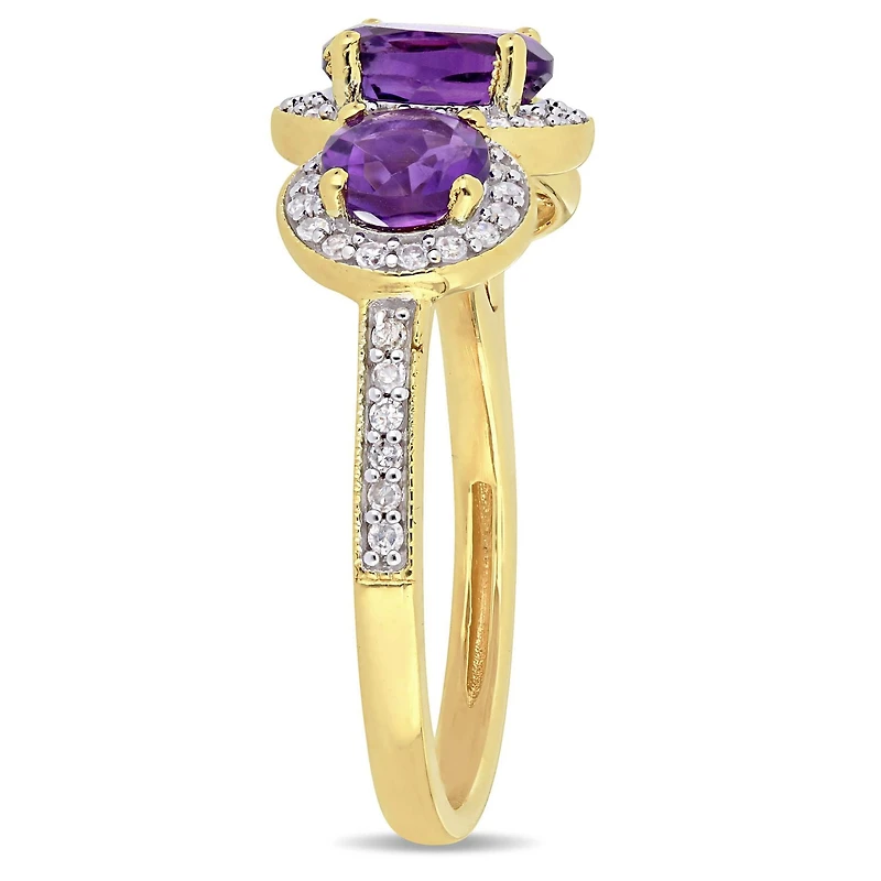 Bague à 3 pierres Tangelo avec améthystes 1-5/8 CT PBT et diamants 1/3 CT poids total en argent sterling plaqué jaune