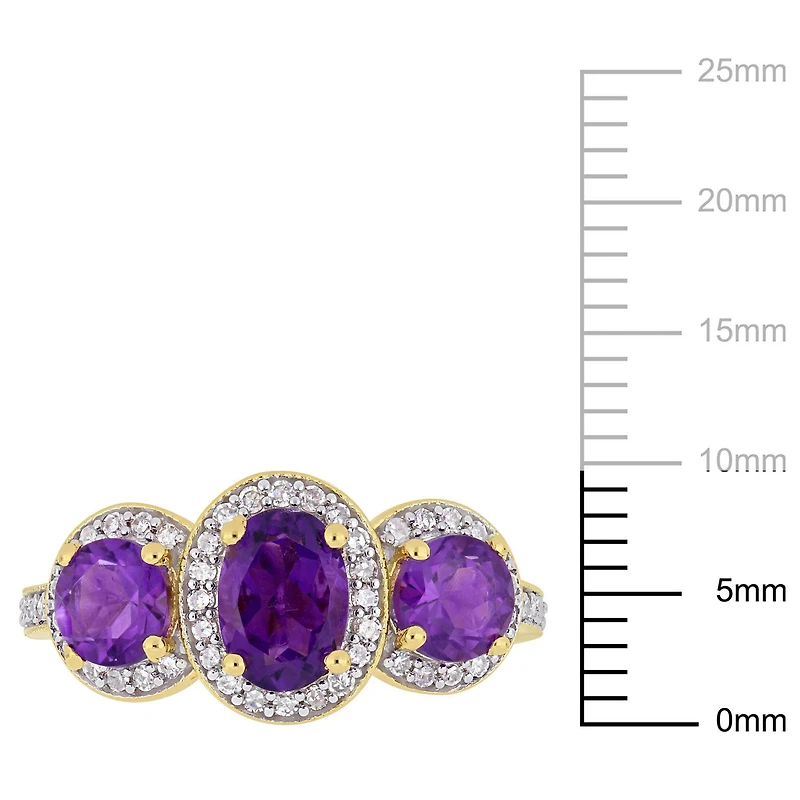 Tangelo 1-5/8 Carat T.G.W. Amethyst and 1/3 Carat T.W. Diamond Yellow Plated Sterling Silver Three-Stone Halo Ring