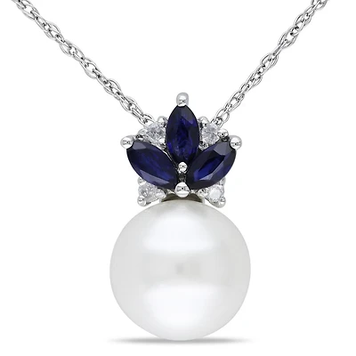 Pendentif Tangelo avec perle cultivée d'eau douce 8,5-9mm, saphirs 1/3 CT PBT et accents de diamants en or blanc 10K, 17 po